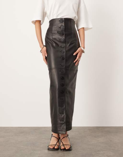 ASOS EDITION - Maxirok van zacht leer met hoge taille en knopen in zwart, 2 van 5
