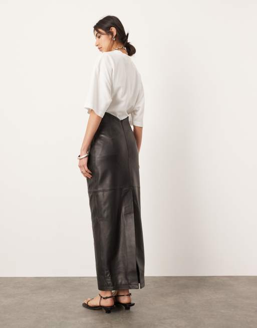 ASOS EDITION - Maxirok van zacht leer met hoge taille en knopen in zwart, 3 van 5