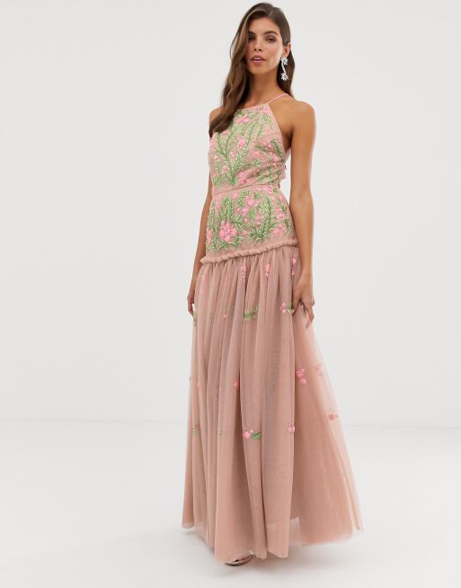 asos edition summer floral embroidered maxi dress with open back