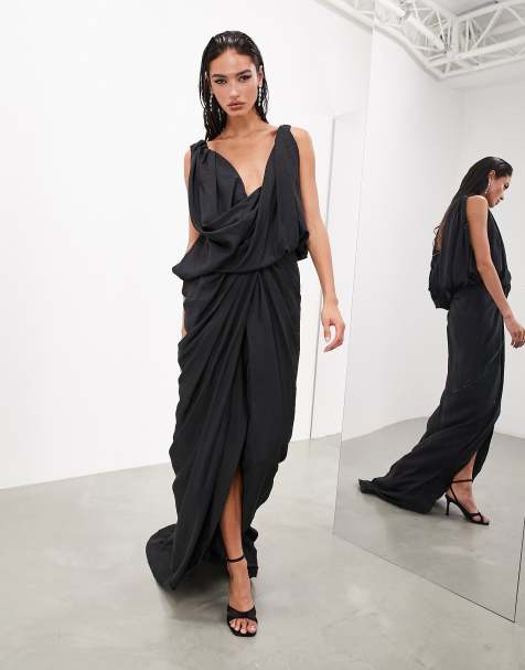 ASOS DESIGN Maternity gathered babydoll satin midi slip dress in black