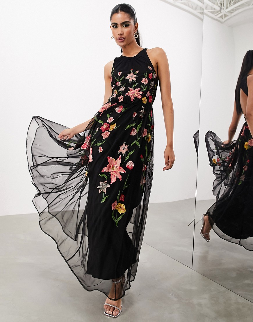 ASOS EDITION mesh halter sleeveless maxi dress with floral embroidery in black