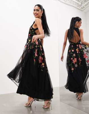 ASOS EDITION mesh halter sleeveless maxi dress with floral embroidery in  black | ASOS