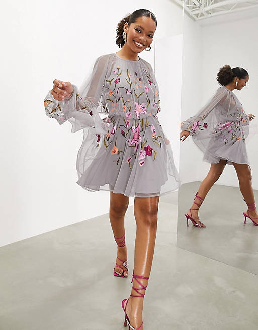 ASOS Edition mesh long sleeve mini dress with floral embroidery in blush