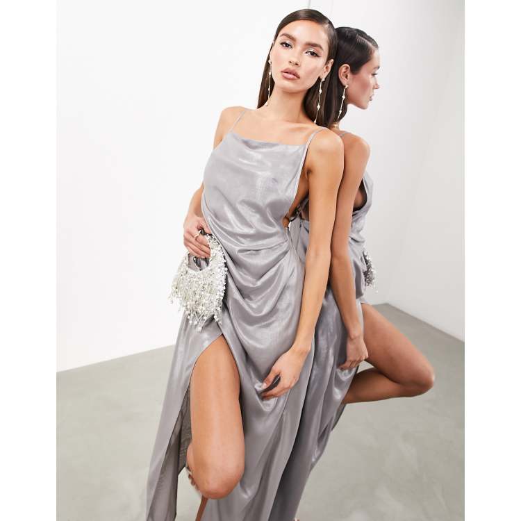 ★ DIAGONAL★ STRAP CAMISOLE DRESS silver DA234OP01SV ASOS EDITION metallic cami maxi dress with drape detail in
