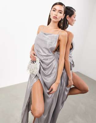 asos edition metallic cami maxi dress with drape detail in silver