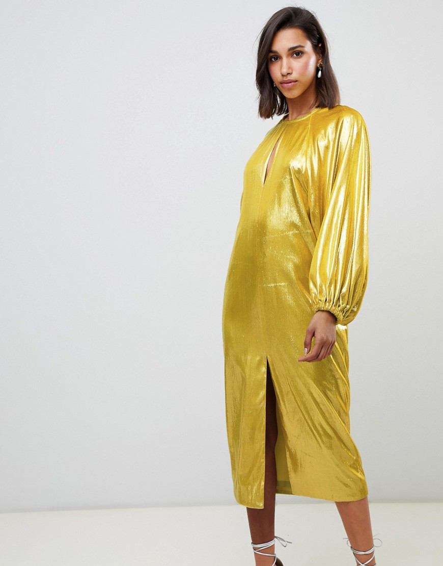 ASOS EDITION - Metallic fluwelen midi-jurk met blousonmouwen-Groen
