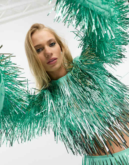 ASOS EDITION metallic fringe crop top co-ord in green, 3 of 4