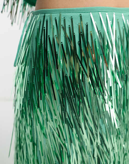 ASOS EDITION metallic fringe midi skirt in green - part of a set, 3 of 4
