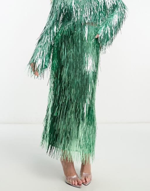 ASOS EDITION metallic fringe midi skirt in green - part of a set, 4 of 4