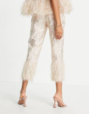 ASOS EDITION metallic jacquard pants with tinsel fringe hem in blush