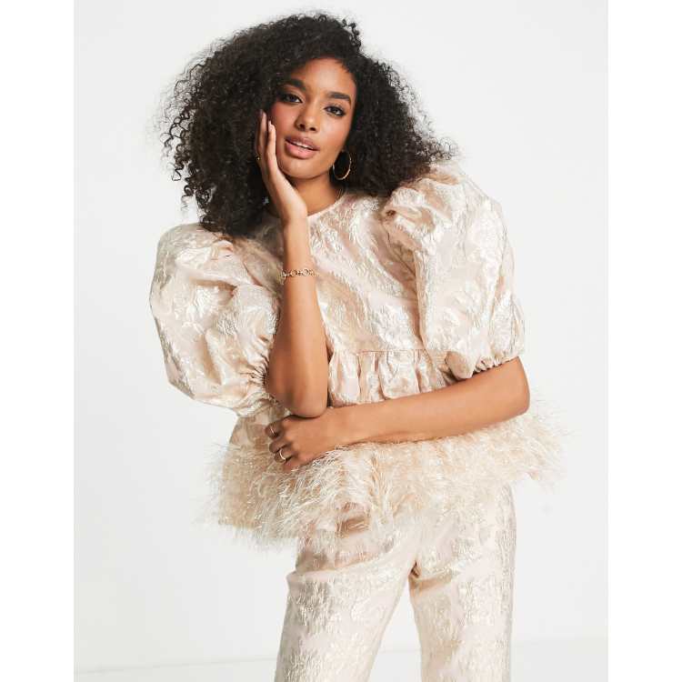 ASOS EDITION metallic jacquard smock top with tinsel fringe hem in blush