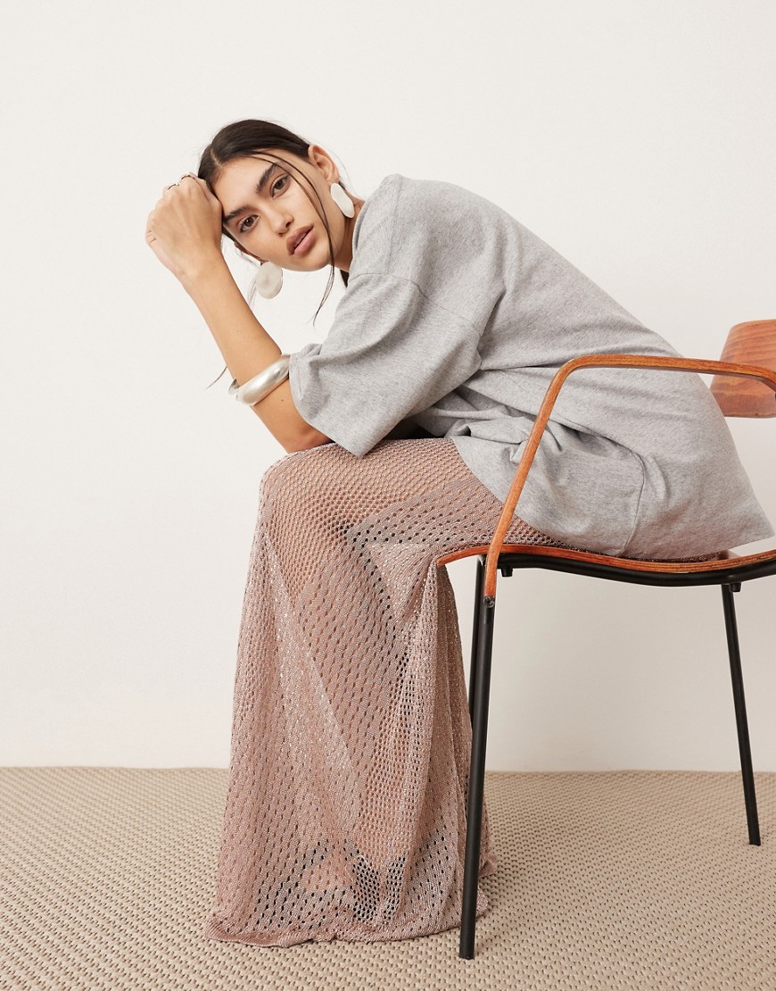 Asos Design Metallic Knit Sheer Sweeping Maxi Skirt In Blush-pink