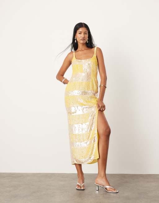 ASOS EDITION - Midaxi jurk met vierkante hals, versiering en gele geometrische streepprint, 3 van 4