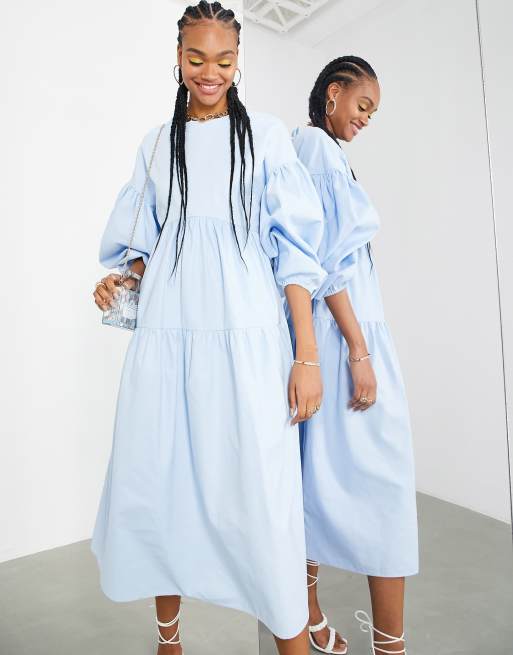 ASOS EDITION midaxi smock dress with tiers and tie back in pale blue, 2 of 4