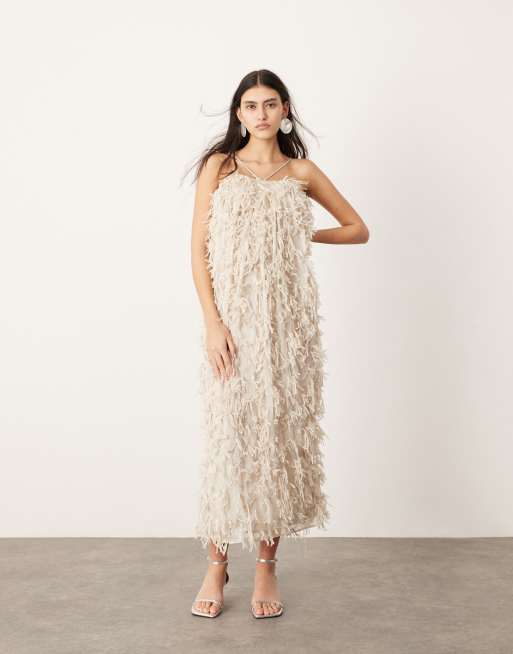 ASOS EDITION - Midi bandeau-jurk met textuur en halternek in stone