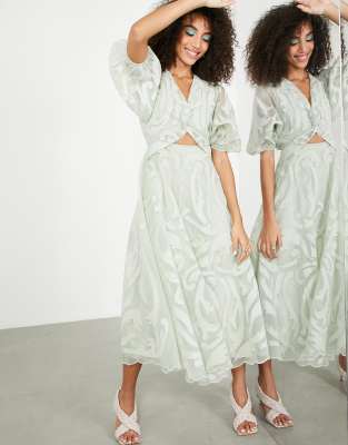 Asos Design Midi Dress In Organza With Applique Embroidery In Sage Green ModeSens