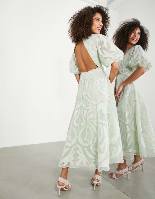 ASOS EDITION midi dress in organza with applique embroidery in sage green