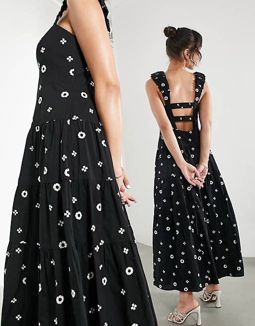 ASOS EDITION midi dress with daisy embroidery with ruffle strap in black