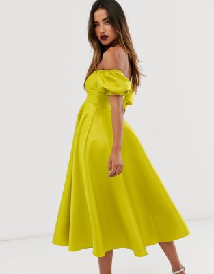 puff shoulder midi dress