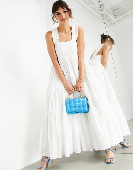 ASOS EDITION - Midi jurk met A-lijn van stroken en gerimpelde bandjes in wit, 4 van 4