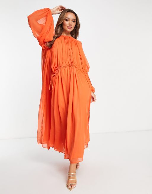 ASOS EDITION - Midi-jurk met aangerimpelde hals in feloranje