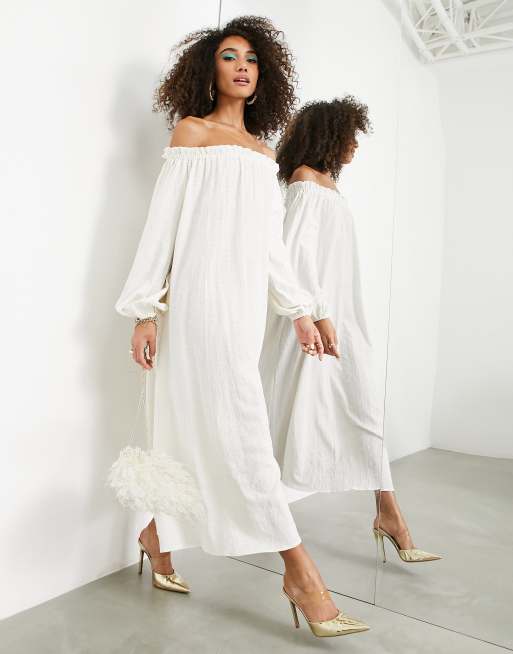 ASOS EDITION - Midi-jurk met blote schouders en ruit met textuur in lichtbeige