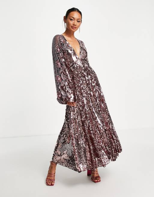 ASOS EDITION - Midi-jurk met blousonmouwen en gebloemde versiering in roze