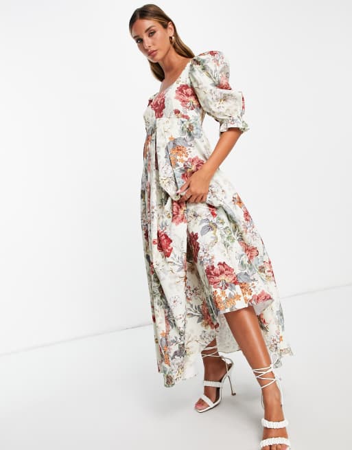 ASOS EDITION - Midi jurk met empirelijn en volle rok in bloemenprint