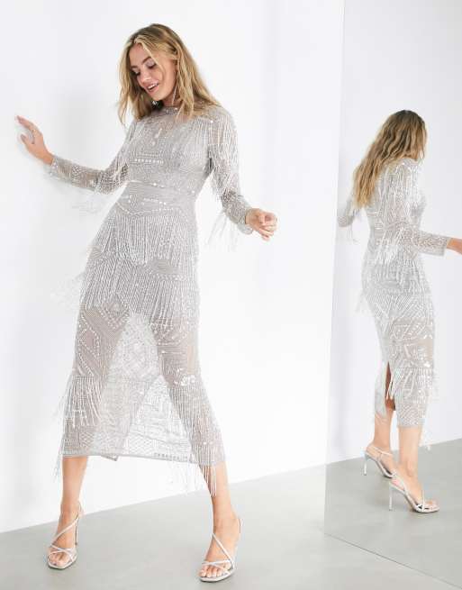 ASOS EDITION - Midi-jurk met franje en siersteentjes