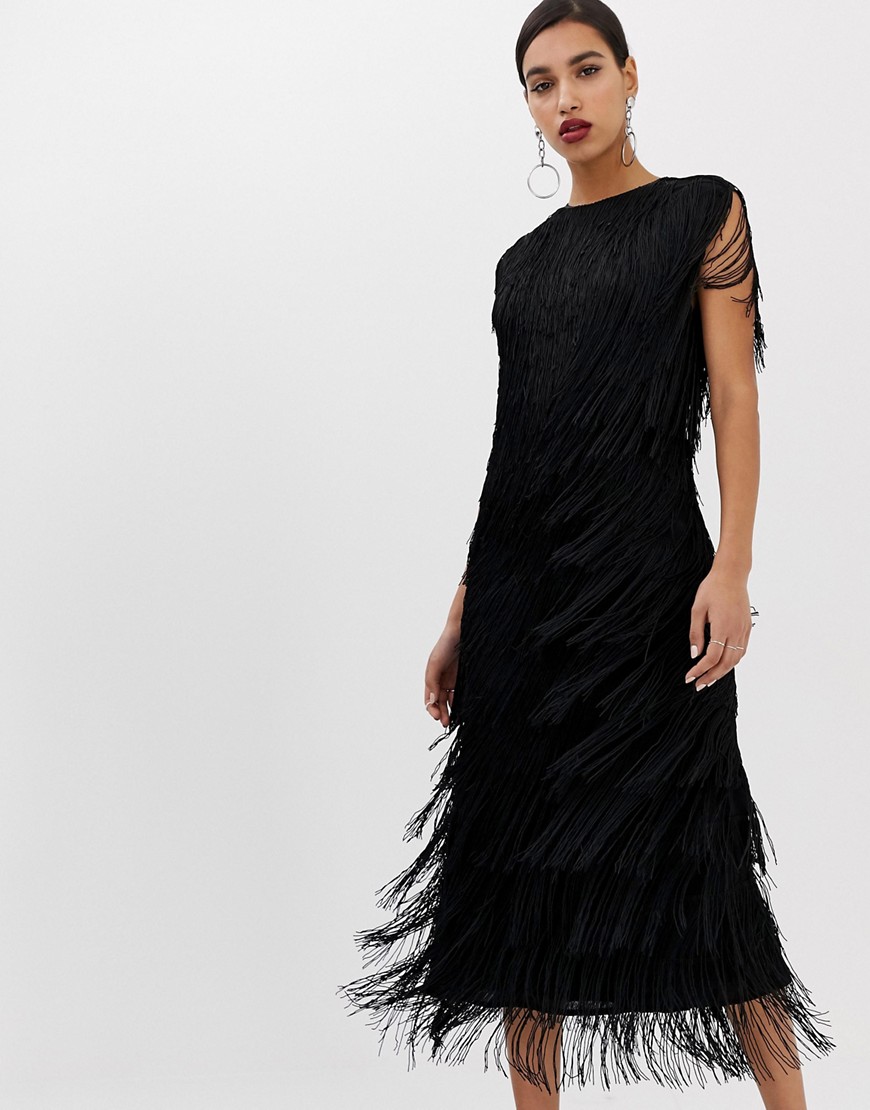 ASOS EDITION - Midi-jurk met franje-Zwart
