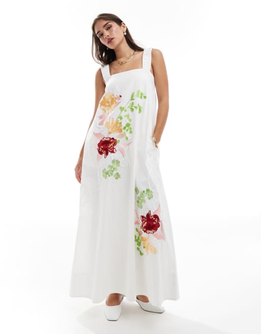 ASOS EDITION - Midi jurk met geborduurde bloemen en vierkante hals in wit