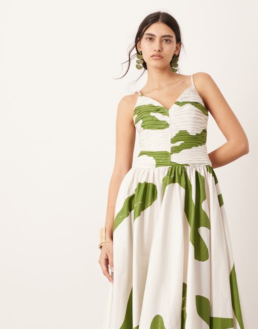 ASOS EDITION - Midi jurk met gerimpeld lijfje, verlaagde taille en abstracte print, 2 van 4