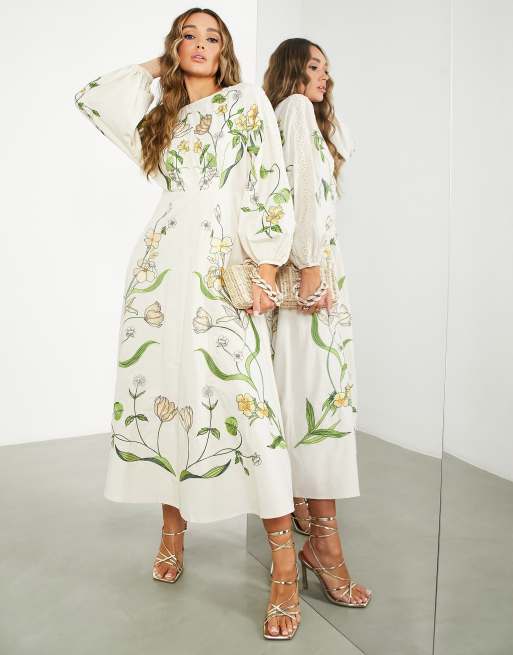 melk wit ongeluk Kent ASOS EDITION - Midi jurk met grote geborduurde bloemen en bladeren in crème  | ASOS