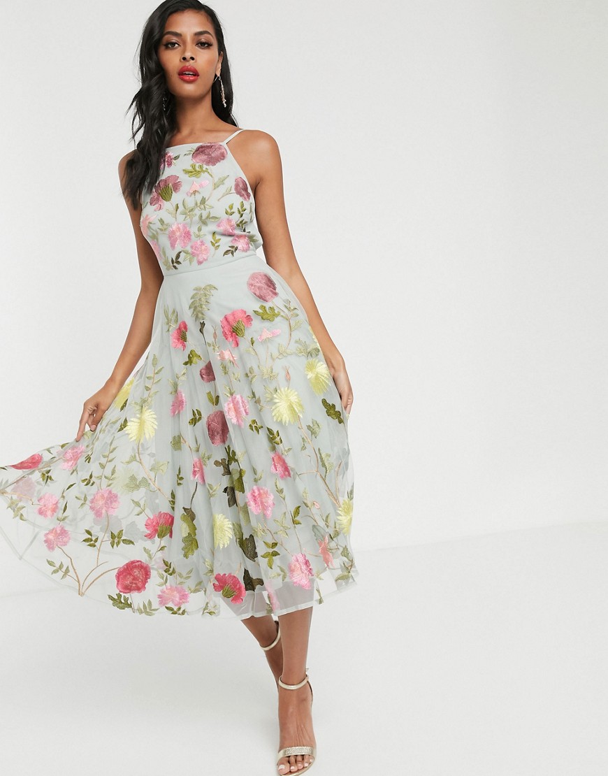 ASOS EDITION - Midi-jurk met halternek en geborduurde bloemen-Multi