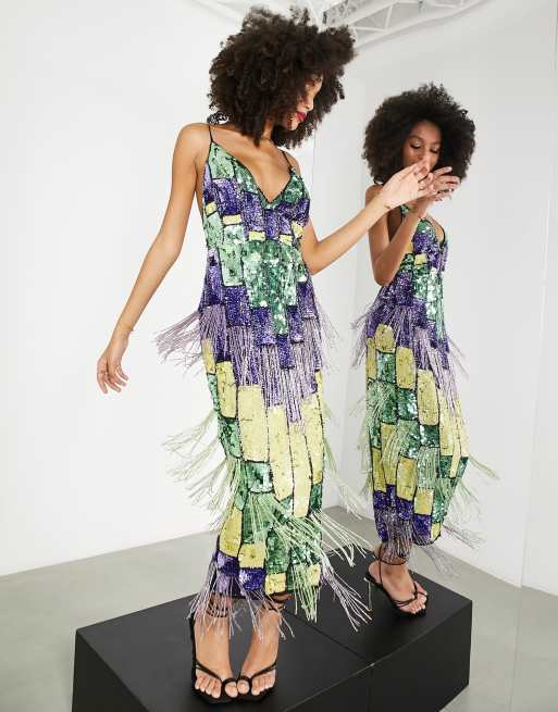 ASOS EDITION - Midi jurk met kleurvlakken, lovertjes en franjes