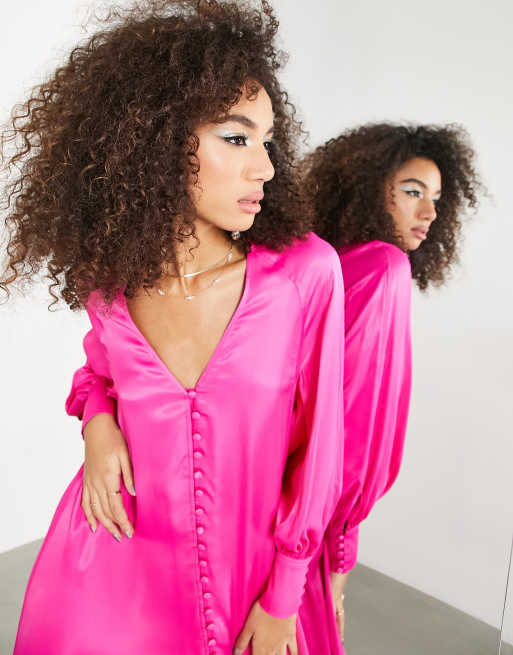 ASOS EDITION - Midi-jurk met knopen aan de voorkant in felroze, 3 van 4