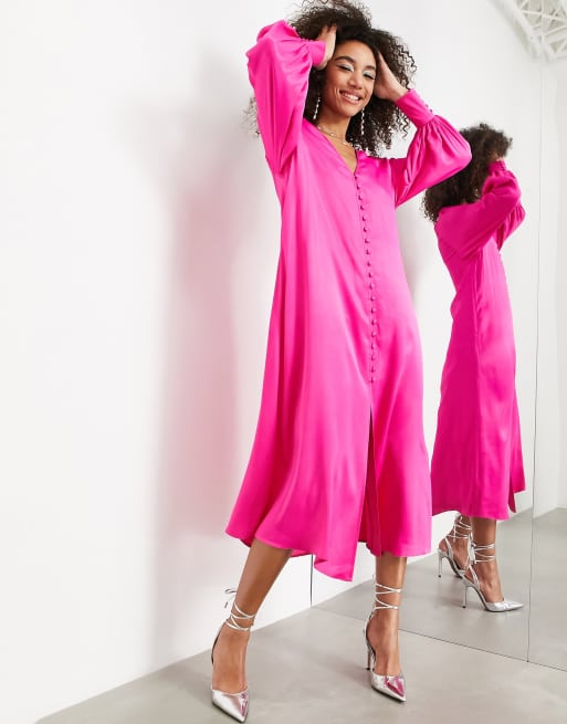ASOS EDITION - Midi-jurk met knopen aan de voorkant in felroze, 4 van 4