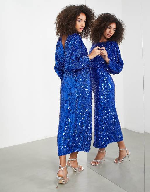 ASOS Edition Midi jurk met lovertjes en vleermuismouwen in helder blauw