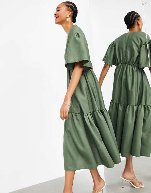 ASOS EDITION - Midi jurk met overslag, textuur en stroken in olijfgroen