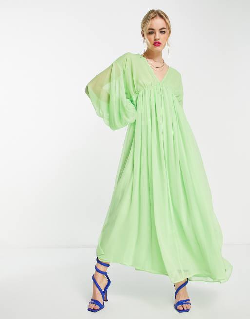 ASOS EDITION - Midi-jurk met trekkoord aan de mouwen en V-hals in appelgroen