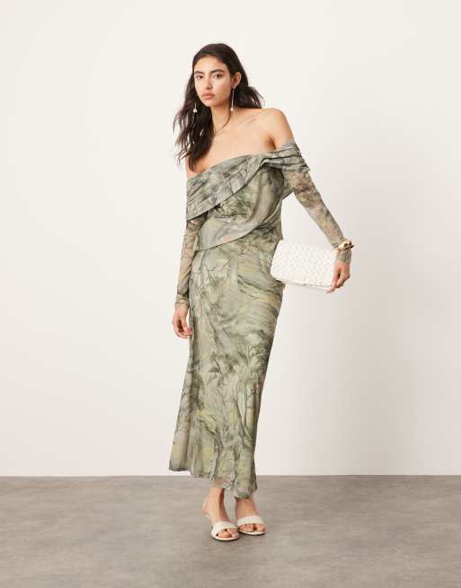 ASOS EDITION - Midi jurk van jersey mesh met blote schouders en gelaagd detail in landschapsprint