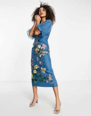 asos edition floral embroidered organza midi dress in steel blue Opulence Midi Dress In Blue Floral Organza Jacquard – St Frock main image 1