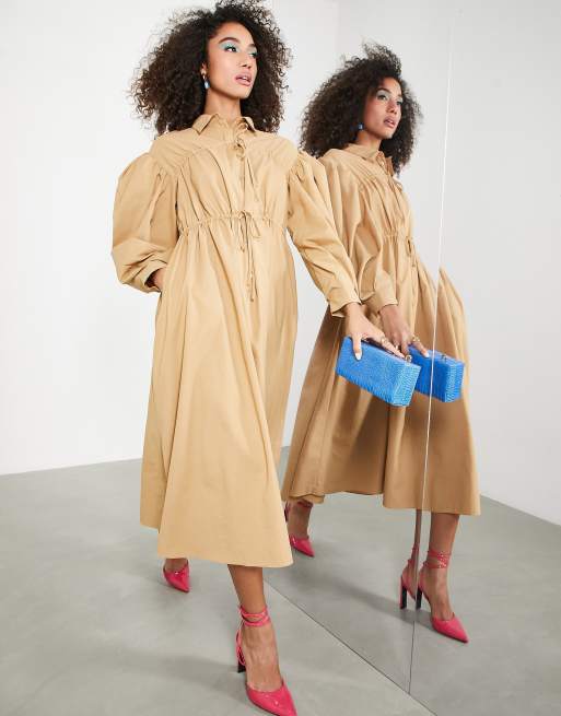 ASOS EDITION - Midi-overhemdjurk met trekkoord en ballonmouwen in camel