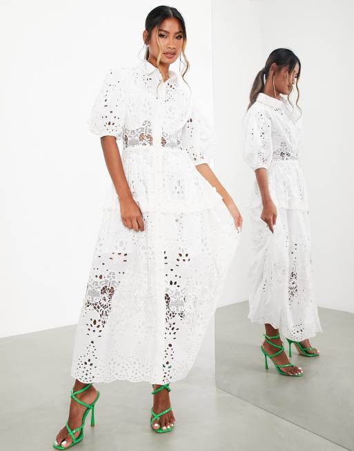 ASOS EDITION - Midi-overhemdjurk van broderie met pofmouwen in wit