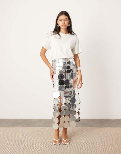 ASOS EDITION - Midi rok met grote lovertjes, franje en zoomdetail in zilver - view 1