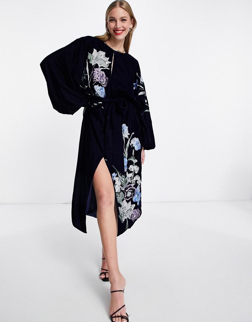 ASOS EDITION midi shift dress in velvet with floral embroidery in navy