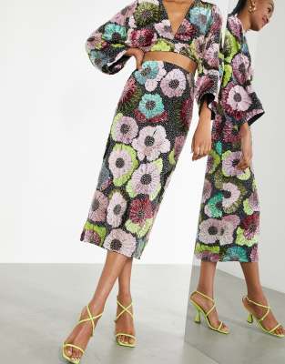 ASOS EDITION midi skirt in large floral bead and sequin co-ord-Multi