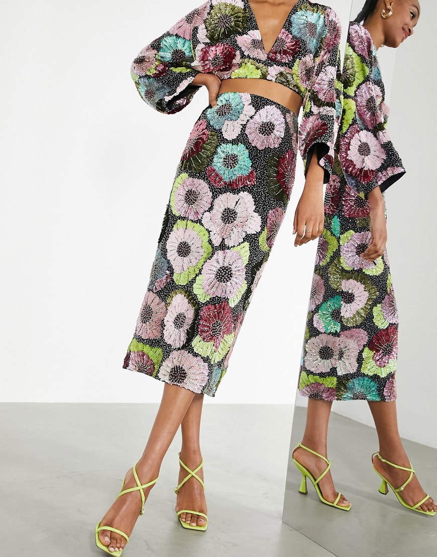 ASOS EDITION midi skirt in large floral bead and sequin set-Multi