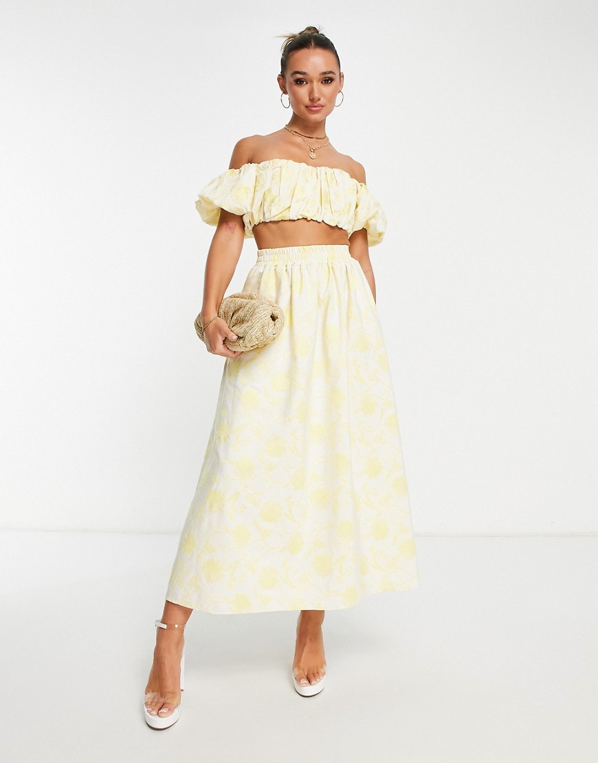 Asos Design Midi Skirt With Elastic Waist In Yellow Floral Jacquard