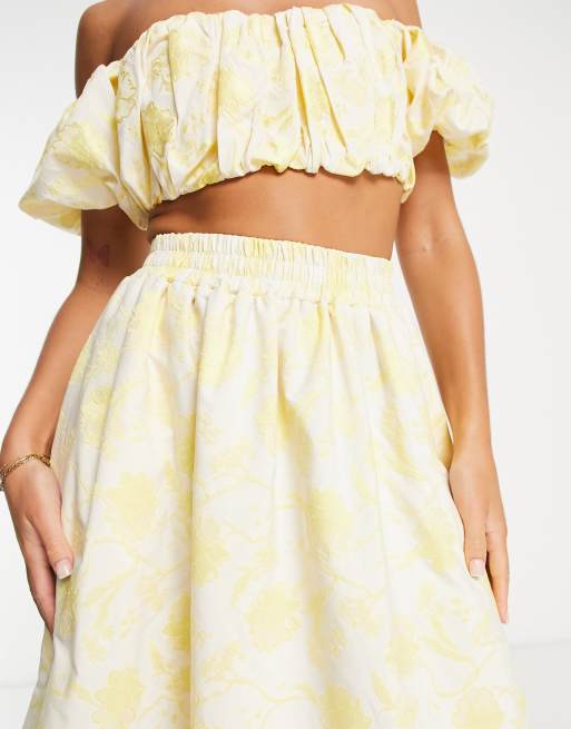 ASOS EDITION midi skirt with elastic waist in yellow floral jacquard